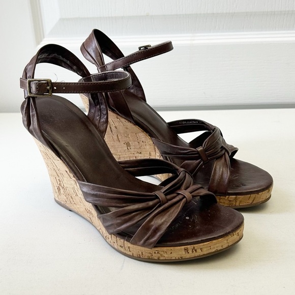 Aldo Brown Leather Wedge Sandals Cork Heel Ankle Strap Size 38 - Picture 3 of 16